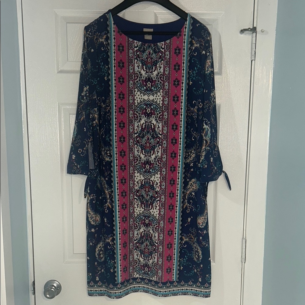 Chico's Blue and Pink Sheath Dress with Cuffed 3/4 Sleeves